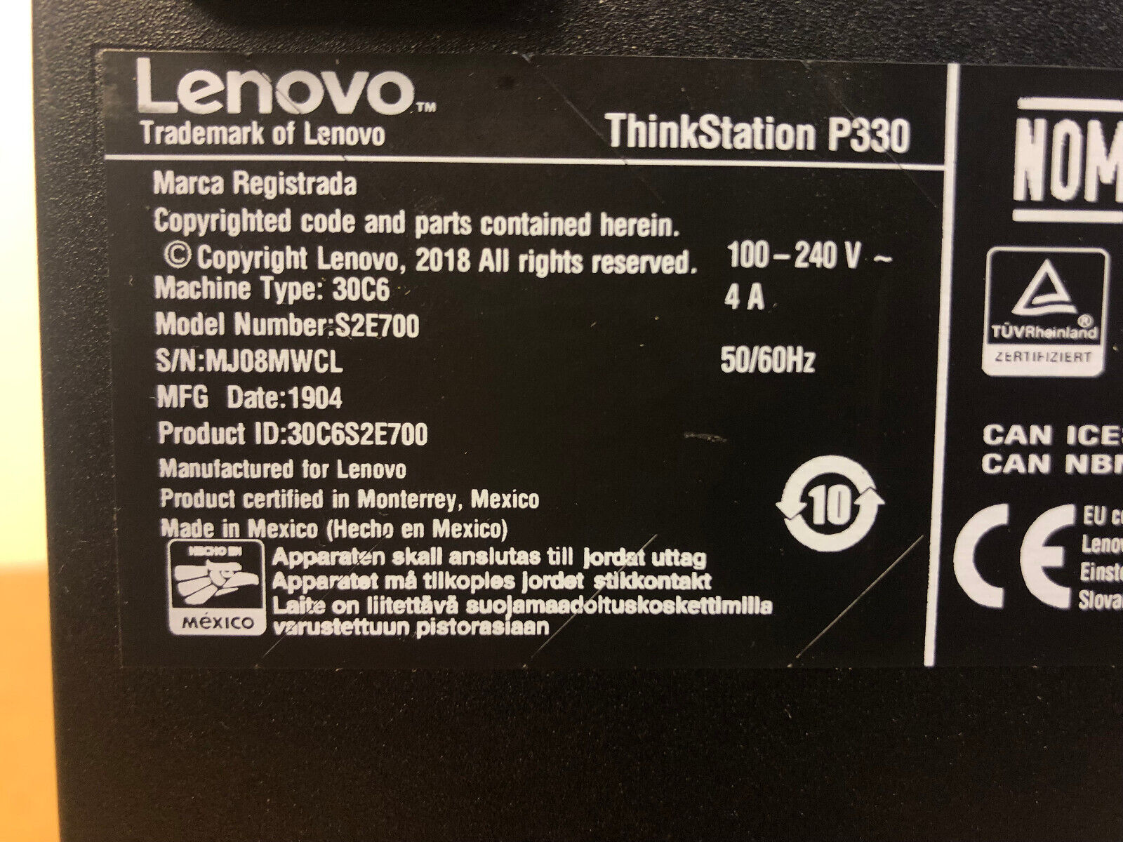 Lenovo ThinkStation P330 Xeon E-2134 3.00 GHz 32GB RAM 256GB SSD 250W Win11 Pro.